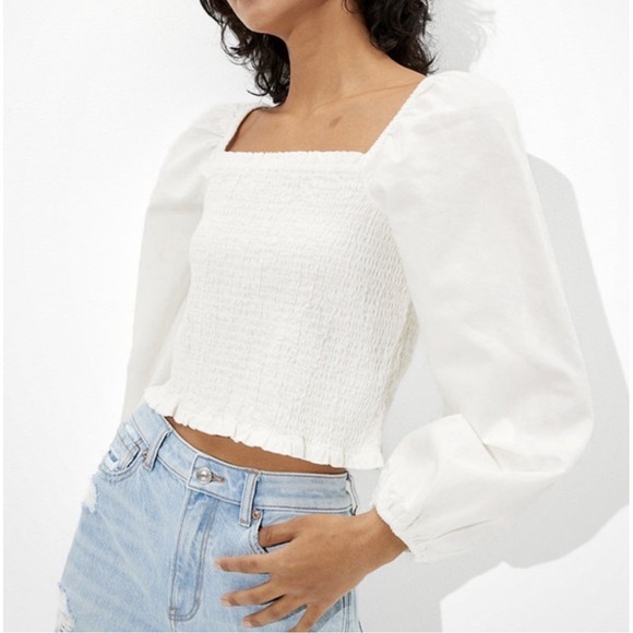 aerie Tops - Aerie Smocked Long Sleeve Ivory Square Neck Peasant Boho Cottage Top Size M NWT